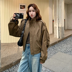 美式复古短款机车风工装夹克外套女2025秋季新款立领设计感上衣，女装短外套，红龙果