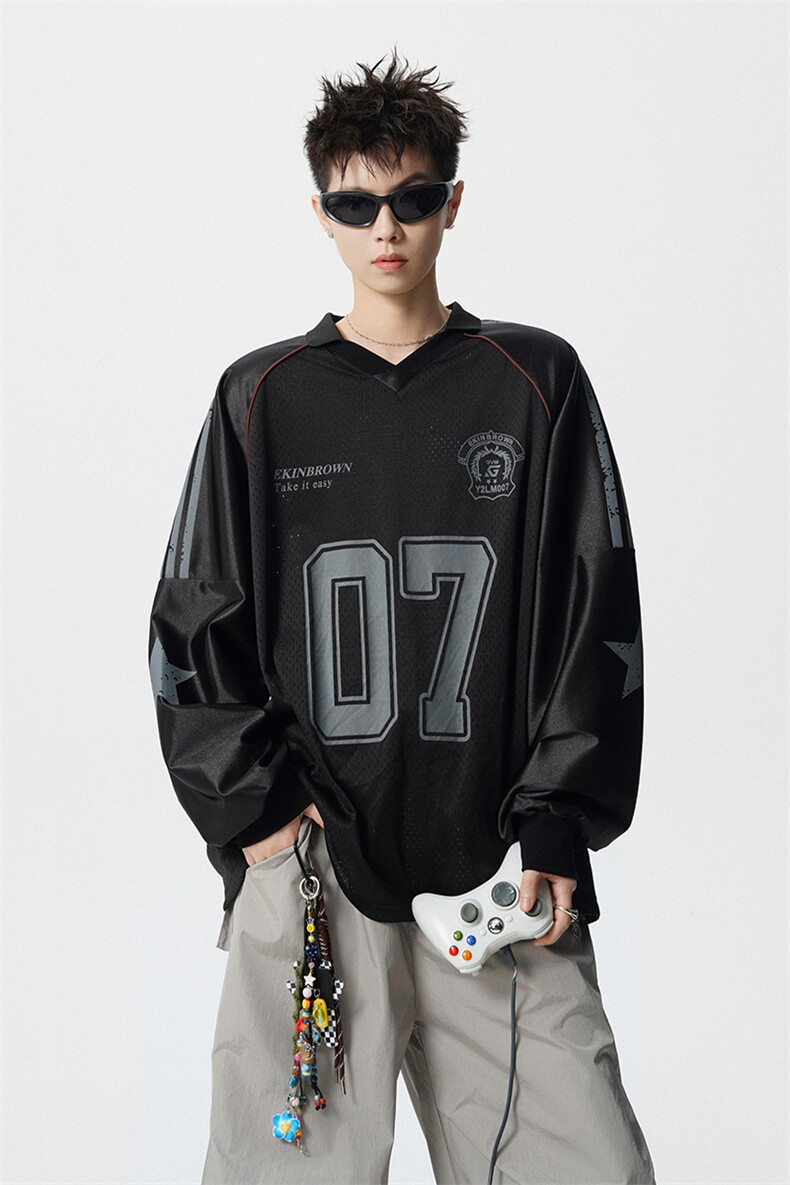 美式翻领POLO衫大码M-5XL插肩拼接V领球衣长袖T恤T78096P48控78,男装Polo衫,星座227-7