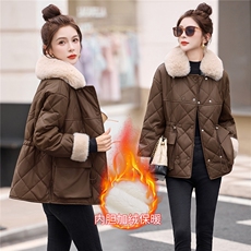 带毛领加绒皮衣外套女冬季韩版修身抽绳百搭加绒加厚棉服上衣，女装皮衣，吾爱衣