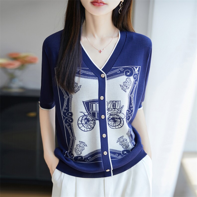 夏季新款时尚蓝色复古马车V领假开衫女修身显瘦百搭休闲上衣,针织衫/毛衣,暖姿羊绒