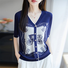 夏季新款时尚蓝色复古马车V领假开衫女修身显瘦百搭休闲上衣，女装针织衫/毛衣，暖姿羊绒