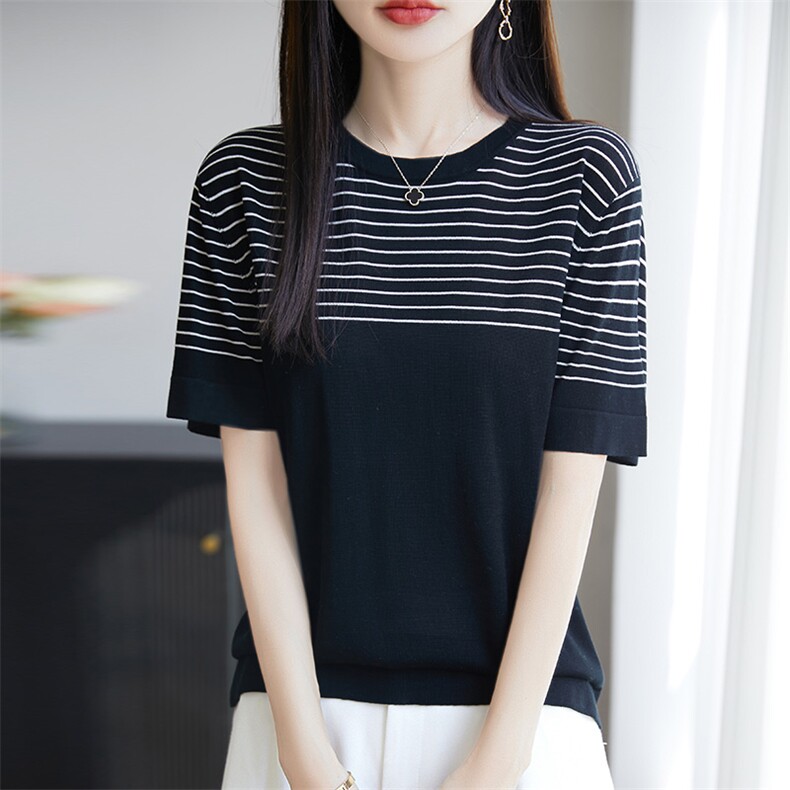 2025夏季新款莱赛尔天丝针织短袖T恤女圆领条纹拼色薄款上衣,女装T恤,广悦羊绒