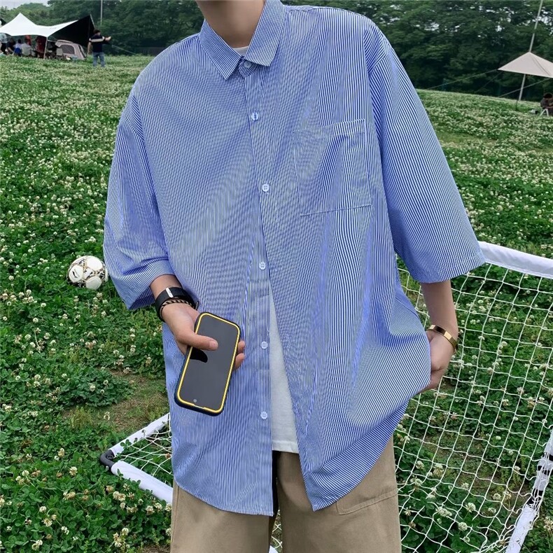 夏季文艺格子五分袖气质百搭潮流男标准青春流行拼色衬衫,男装衬衫,星座716-4