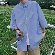 夏季文艺格子五分袖气质百搭潮流男标准青春流行拼色衬衫，男装衬衫，星座716-4