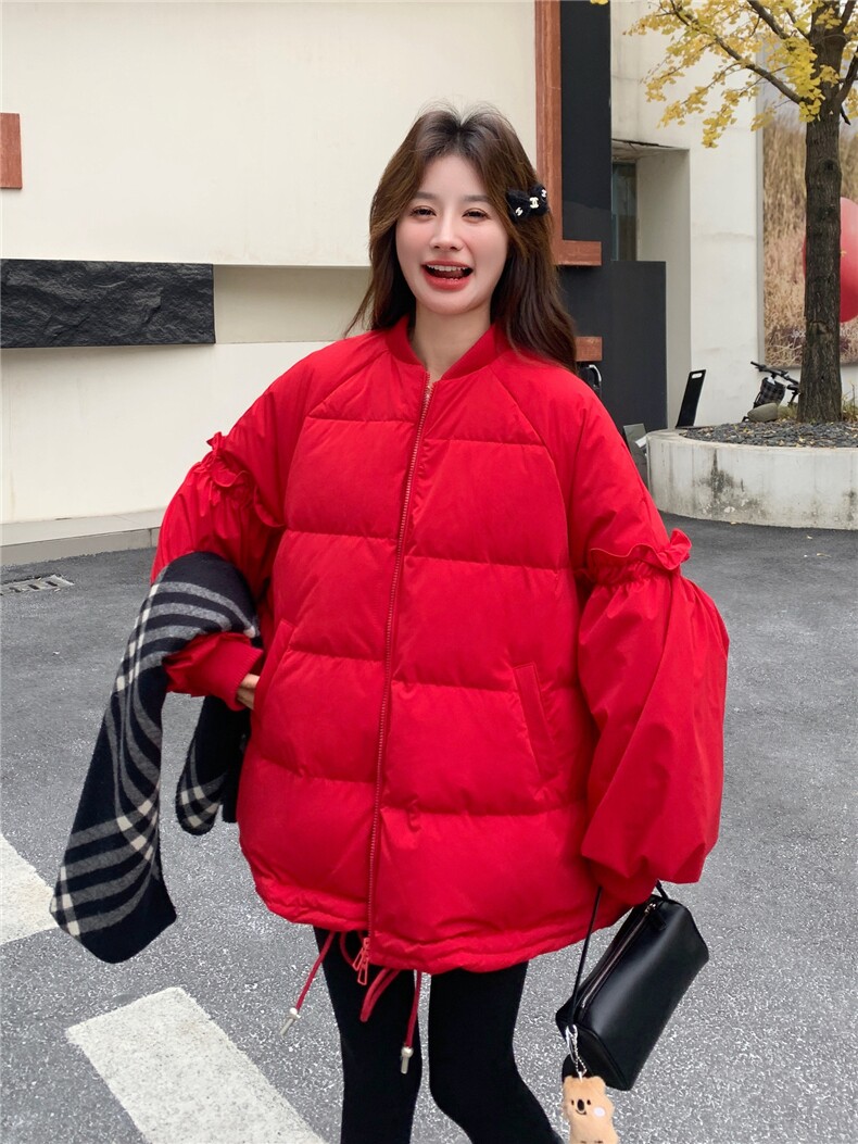 花边拼接白鸭绒棒球羽绒服女2025冬装保暖外套小个子跨年圣诞好看,女装羽绒服,艾米莉亚