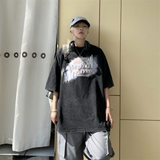 XZ213-T116-P45控58港风大码水洗做旧高街印花圆领短袖T恤五分袖，男装T恤，星座213