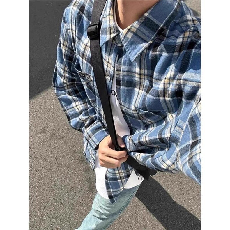 秋冬美式蓝色长袖格子衬衫男款宽松休闲慵懒感衬衣外套,男装衬衫,星座1210-1