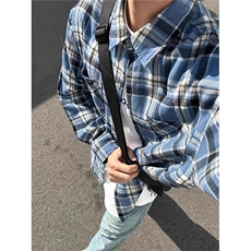 秋冬美式蓝色长袖格子衬衫男款宽松休闲慵懒感衬衣外套，男装衬衫，星座1210-1