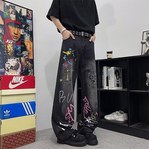 2025新款重工涂鸦直筒牛仔裤宽松显瘦阔腿长裤现货K8565-P42