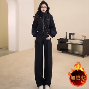 女秋冬新款高级感休闲时尚套装减龄显瘦拉链开衫外套阔腿裤两件套图片