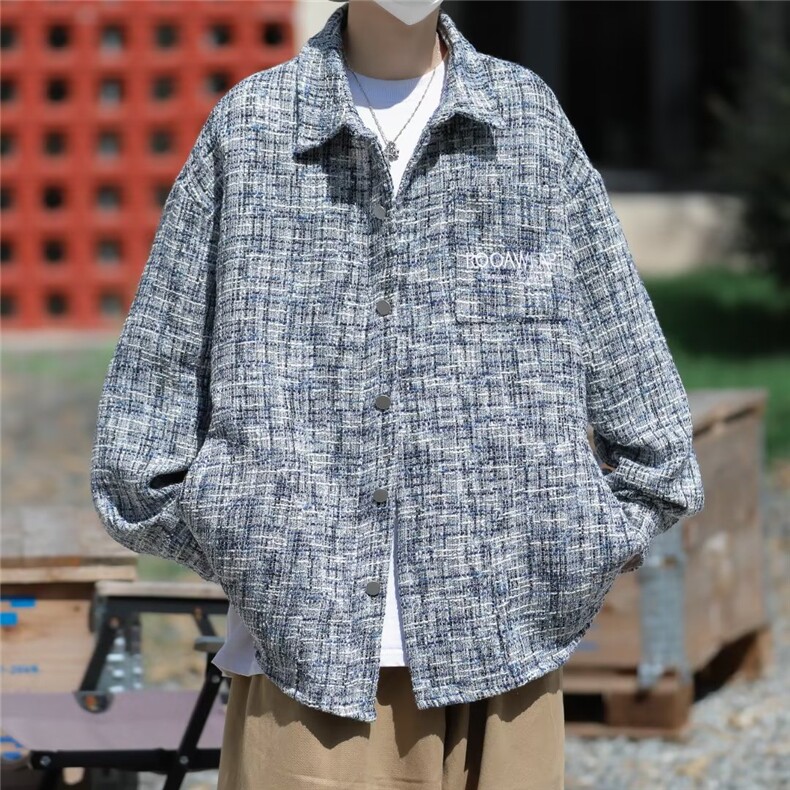 美式小香风刺绣编织外套男春秋季宽松复古千鸟格衬衣夹克W9278,男装夹克,星座1116A-1（原606A）