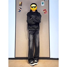 黑色闪电竹节纹牛仔裤男款裤美式显腿长直筒微喇裤NZ579，男装牛仔裤，星座208-5