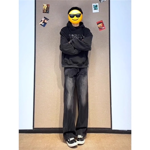 黑色闪电竹节纹牛仔裤男款裤美式显腿长直筒微喇裤NZ579图片