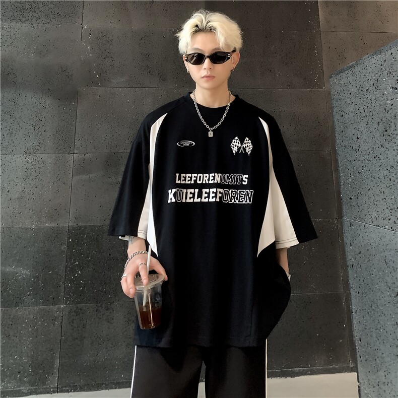 美式机车拼色短袖T恤男夏季潮牌ins痞帅高街设计感西海岸半袖体恤,男装T恤,电商C307
