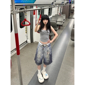 DKN47LL-P60 美式复古贴画印花牛仔短裤男宽松直筒七分裤图片