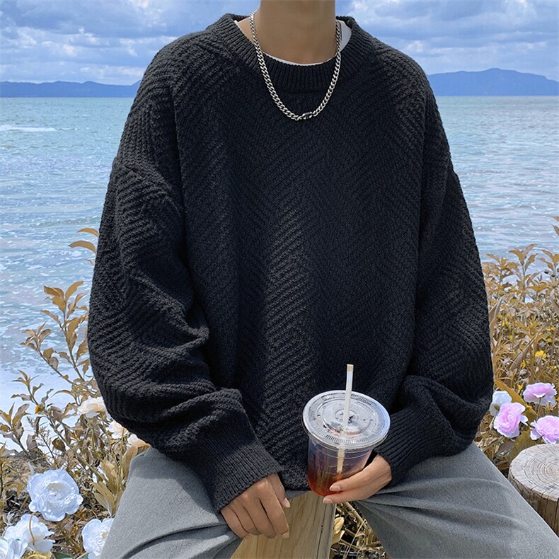 秋冬休闲大码美拉德菱格圆领毛衣男ins宽松毛线衫针织衫MY105-P40,男装针织衫/毛衣,电商A001