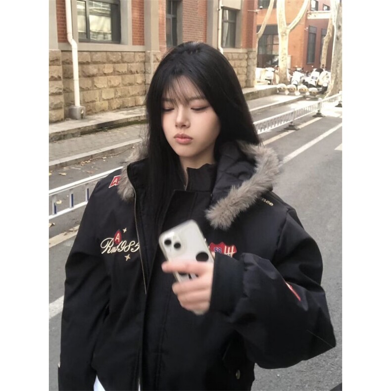 1506-1/MQ181/P76徽章刺绣毛领连帽棉衣棉服女复古外套秋冬季男女图片