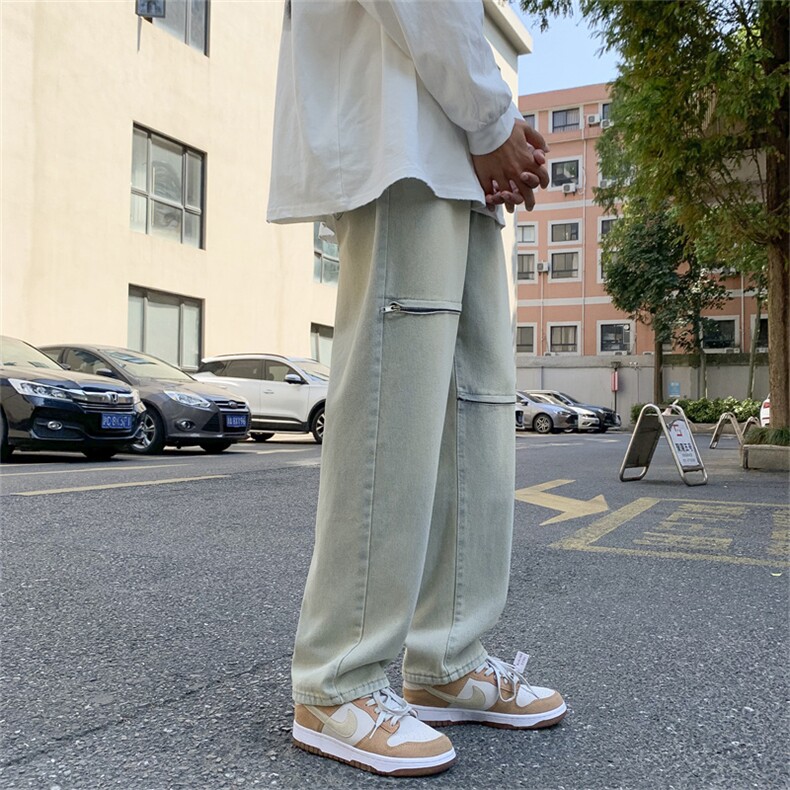 港风秋款男牛仔裤膝盖拉链破洞泥黄色直筒宽松休闲长裤NK6002P45,男装牛仔裤,星座1013-1
