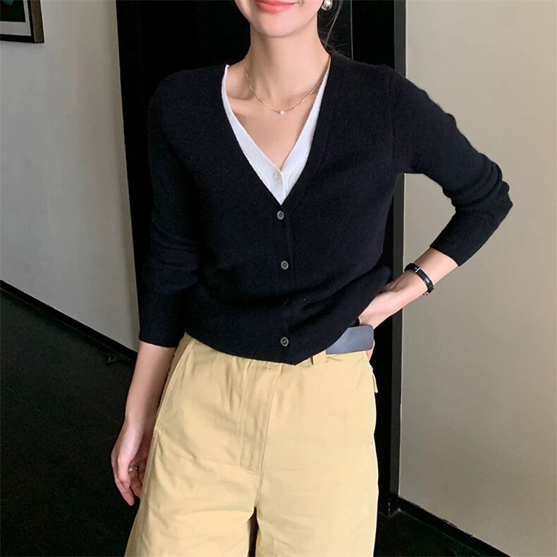 气质显瘦！假两件baby小山羊绒针织开衫女V领修身针织衫毛衣外套,女装羊毛衫,泰沅羊绒