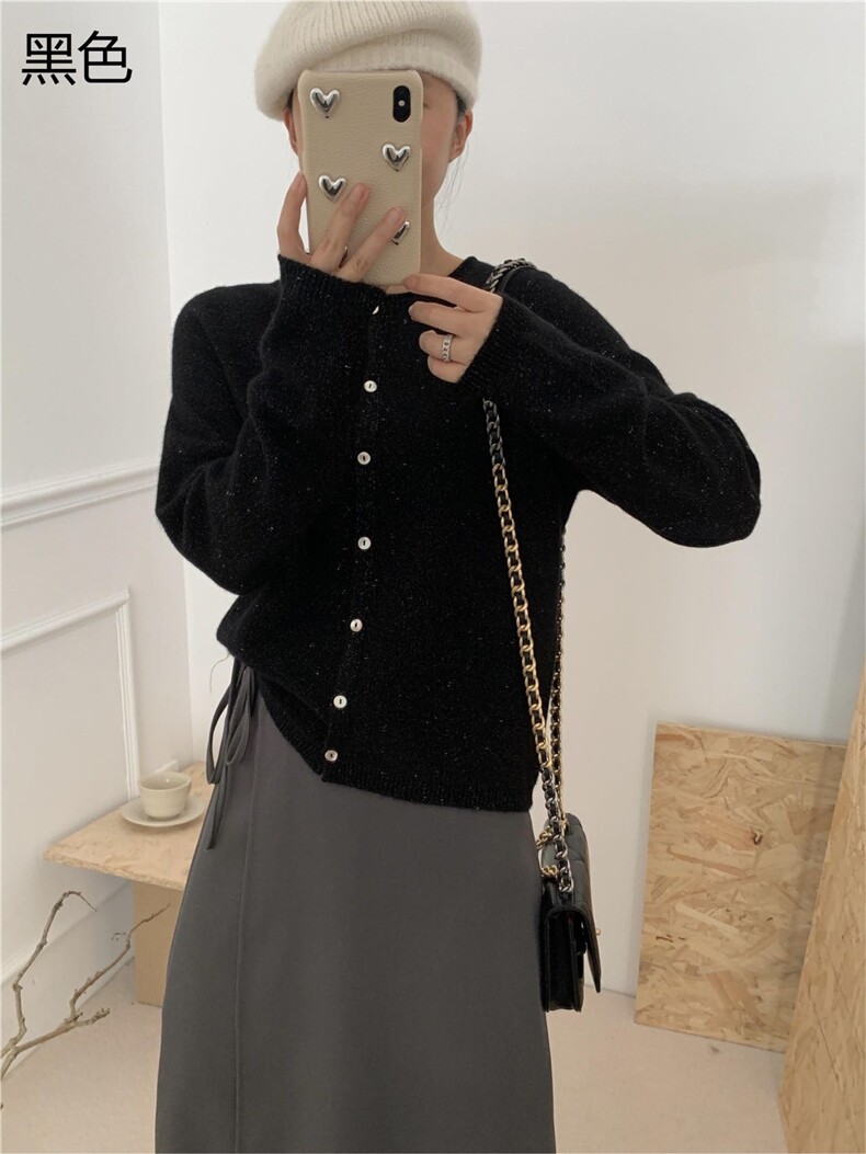 时尚百搭女士秋冬圆领金豆纱针织开衫纯色长袖羊毛衫,女装羊毛衫,牧思羊