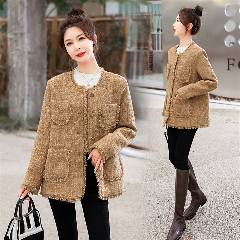 紫色小香风外套女秋冬2023新款温柔风淑女气质名媛粗花呢加厚上衣，女装羽绒服，众宇琦