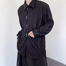 网图秋季新中式复古立领长袖衬衣男垂感皱褶中性风薄垫肩上衣，男装衬衫，星座410-6（原星座1304-1）