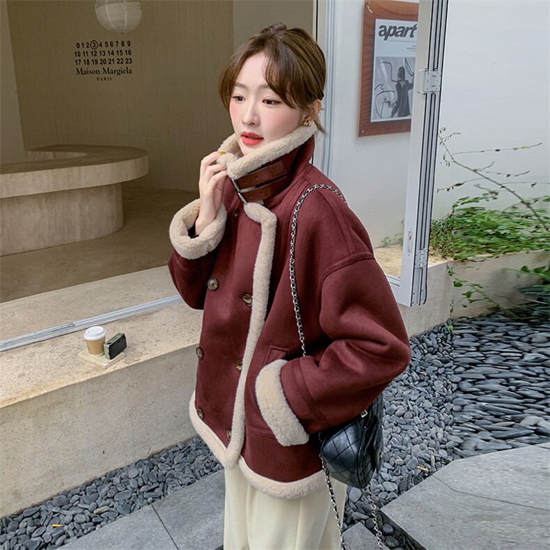 皮毛一体麂皮外套女2025冬加绒复古小个子时尚短款羊羔毛高级感厚,女装羊羔毛/颗粒绒,浙宝069