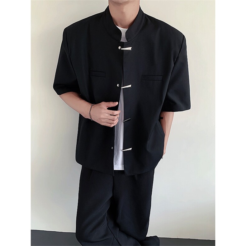 黑色新中式短款短袖夹克外套风立领垫肩设计感上衣男XF230P98,男装夹克,星座512-1（原513-3）