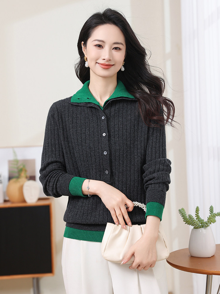 现货bao现货2025春秋双层领毛衣女士套头长袖纯羊毛打底针织衬衫图片