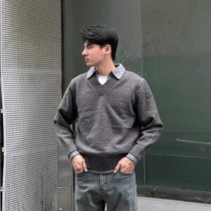 灰色POLO领卫衣男女春秋2025新款学院风假两件拼接条纹衬衫毛衣
