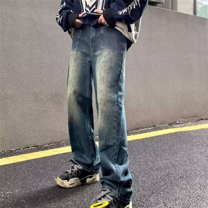 渐变色裤子ins高街潮ins秋冬阔腿牛仔裤男款宽松直筒老爹裤图片