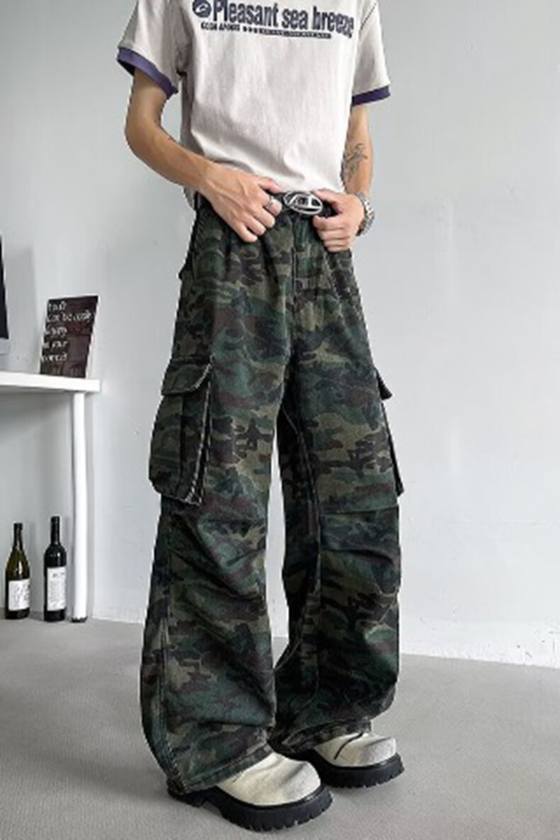 美式复古褶皱多口袋迷彩工装牛仔裤女高街潮牌显瘦堆积感拖地裤子,女装休闲裤,星座218-8