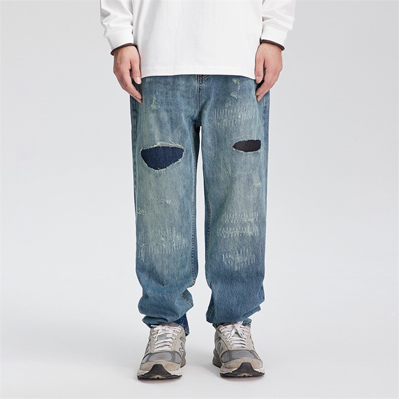PL912破洞反补多手工位洗水牛仔裤，男装牛仔裤，电商基地S002
