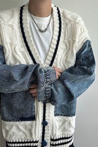 重工拼接牛仔外套男女美式慵懒风宽松针织V领毛衣开衫-8801-P88图片