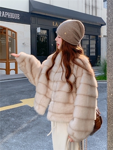 现货210-7702-P185-K268水貂立领皮毛一体外套女士图片