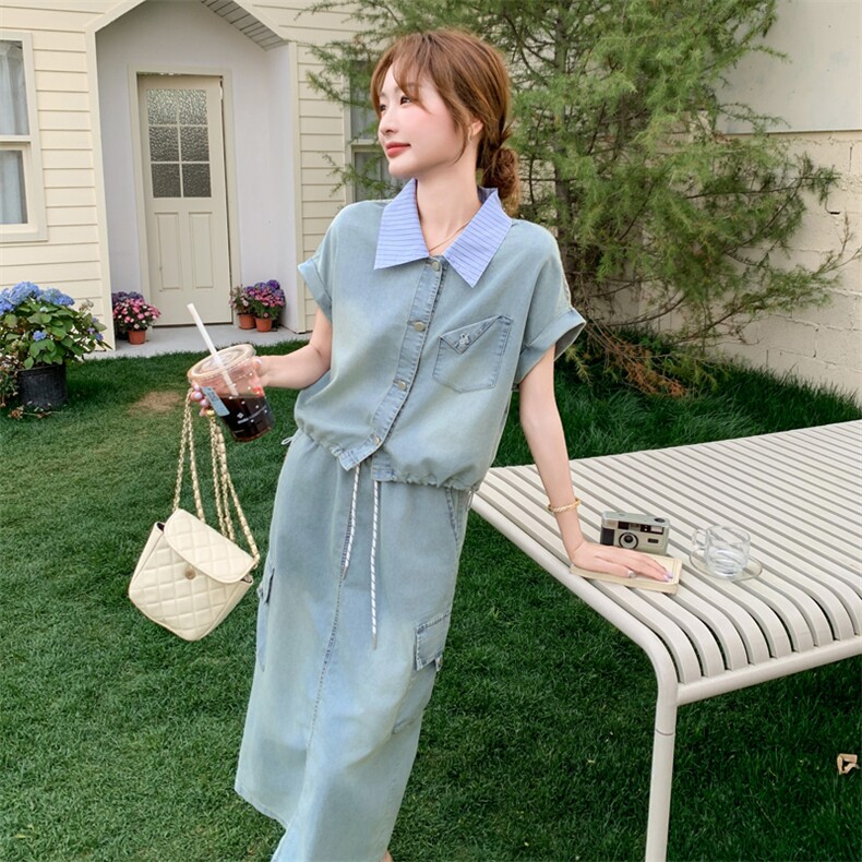 高级松弛感穿搭牛仔连衣裙女夏薄款2025巨好看工装衬衫长裙套装,女装套装/套裙,2C266