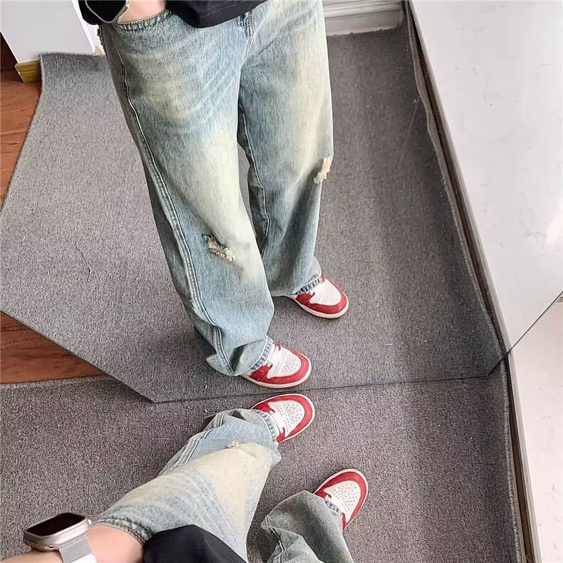 美式潮牌破洞牛仔裤男士秋季新款休闲直筒宽松阔腿长裤L83655-P45,男装牛仔裤,星座1008