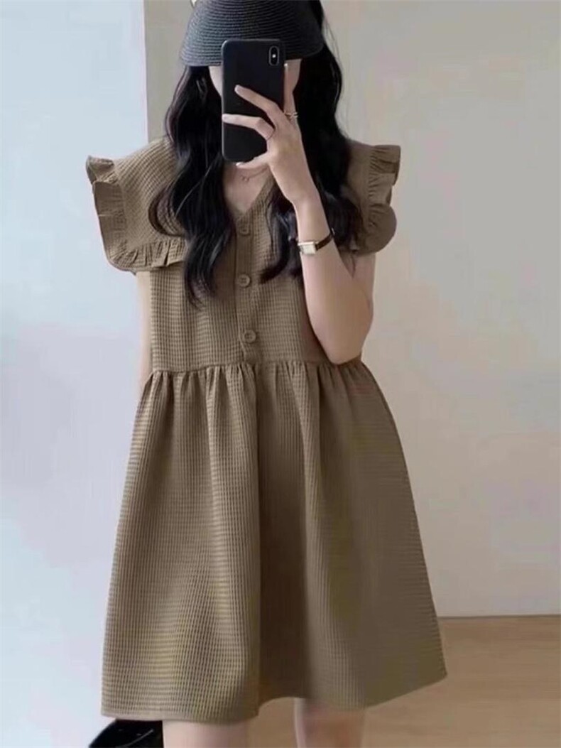 木耳边娃娃衫连衣裙，女装连衣裙，玩美