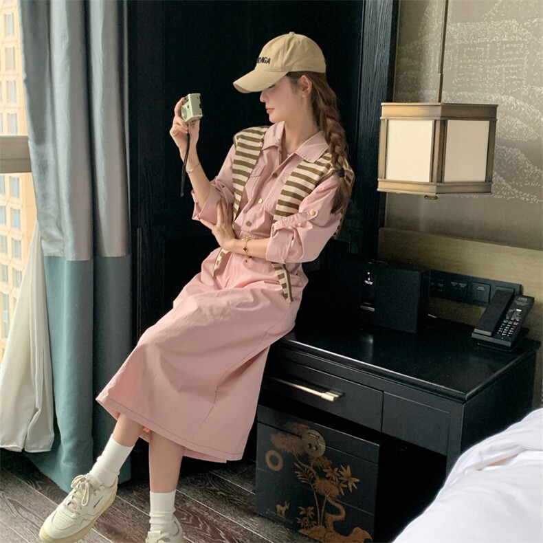 POLO领长裙耐磨抗起球春季连衣裙大码宽松条纹芭蕾风显瘦时尚休闲,女装连衣裙,帛香坊