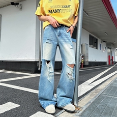 美式高街破洞设计感水洗牛仔裤男女宽松阔腿直筒长裤N01166-P55，男装牛仔裤，星座308B-2