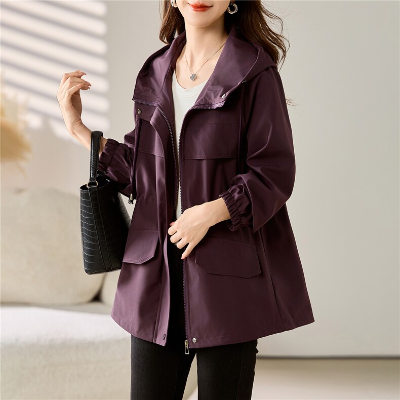 现货大货已出！！2025秋季女装新款时尚抽绳中长款显瘦连帽外套，女装风衣，以桐