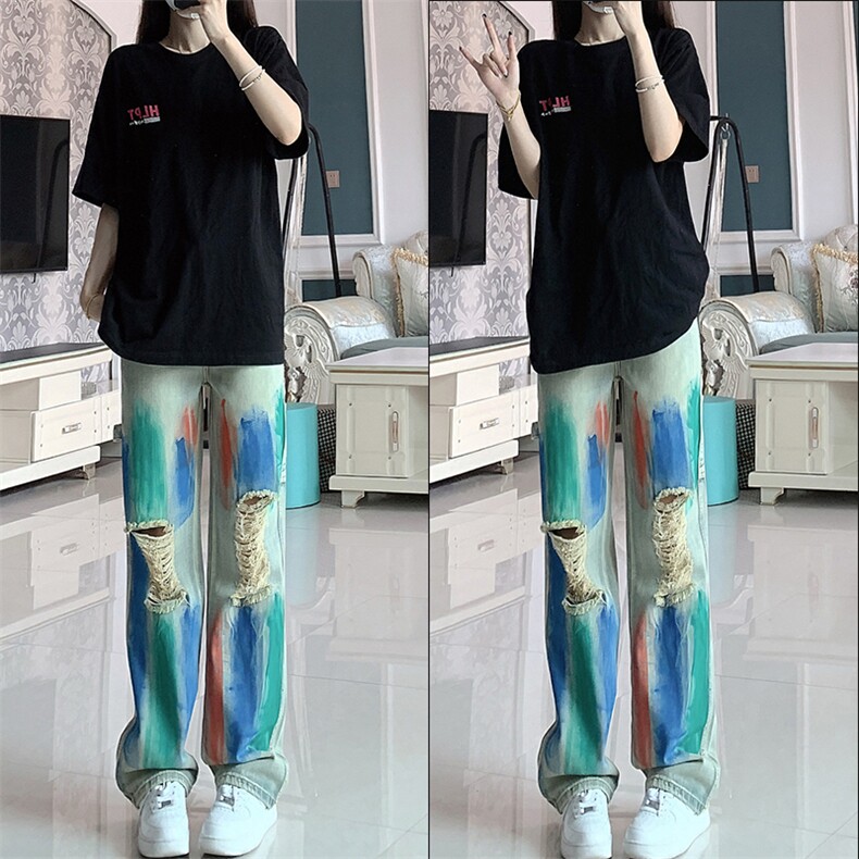 美式ins高街hiphop破洞涂鸦黄泥色牛仔工装裤货号K641-1P60图片