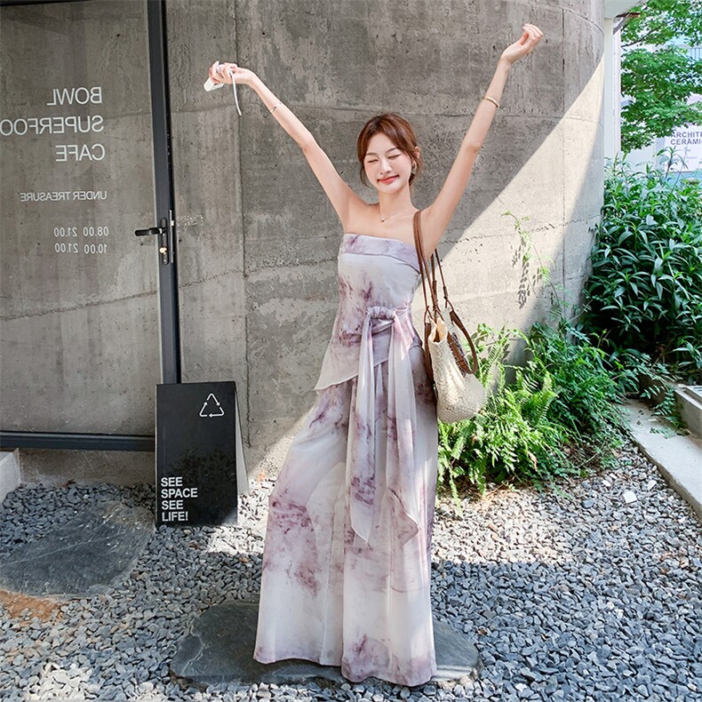 法式浪漫风气质晕染抹胸上衣阔腿裤套装女2025新高级设计感两件套,女装套装/套裙,2D078