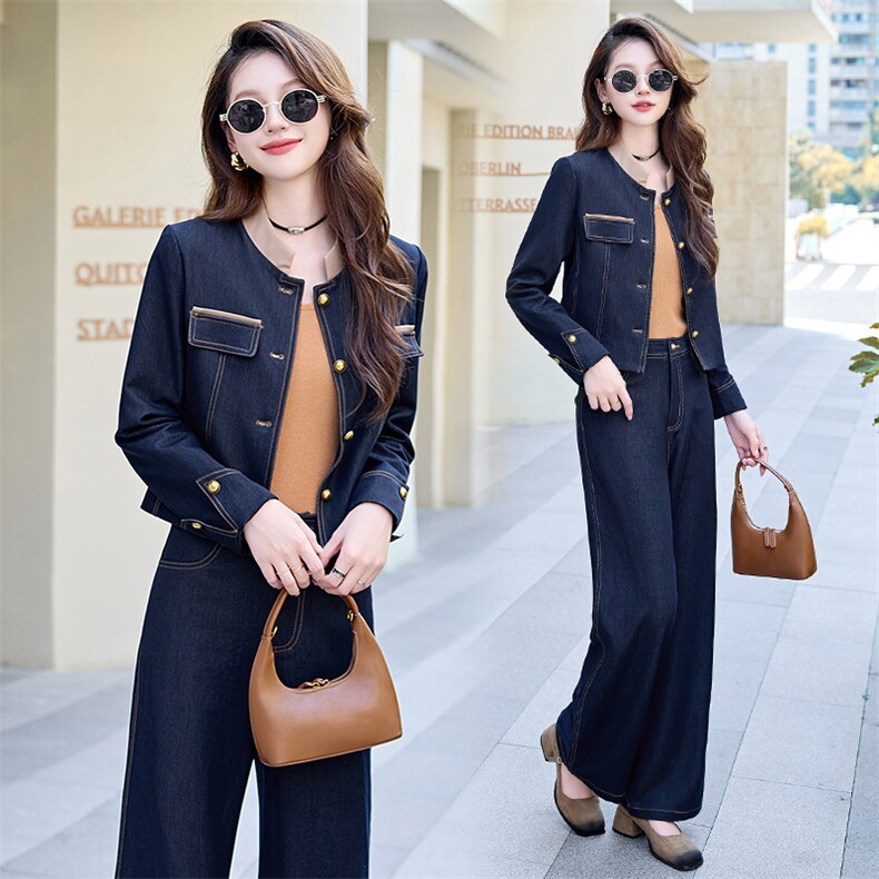 秋装女2024年新款时尚套装高级感时髦修身减龄气质洋气牛仔两件套图片