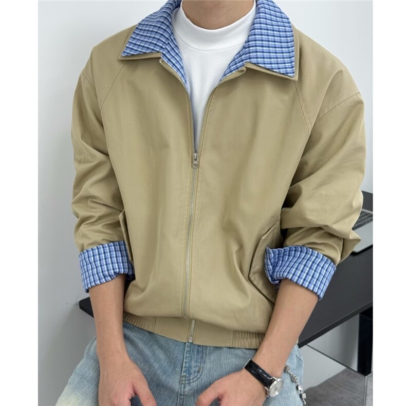 9223-P65夏季新款学院风假两件格纹拼接衬衫领短袖T恤，男装T恤，电商B323A