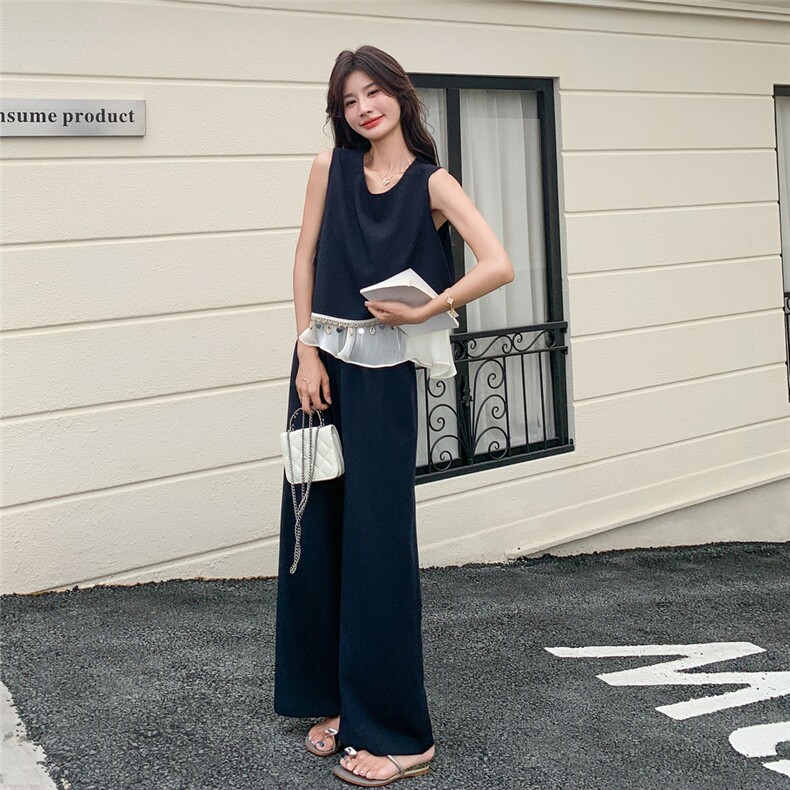 韩版撞色拼接背心休闲裤套装女2025夏季新款气质显瘦度假风两件套,女装套装/套裙,维壹