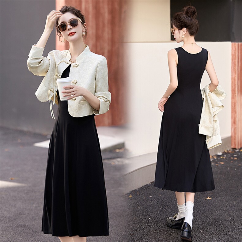 2025春季国风气质盘扣系带短外套中长款连衣裙套裙时尚套装两件套，女装套装/套裙，曼琳思菲