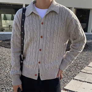 复古扭花麻花加厚开衫休闲针织衫秋冬季撞色翻领外套男士毛衣图片