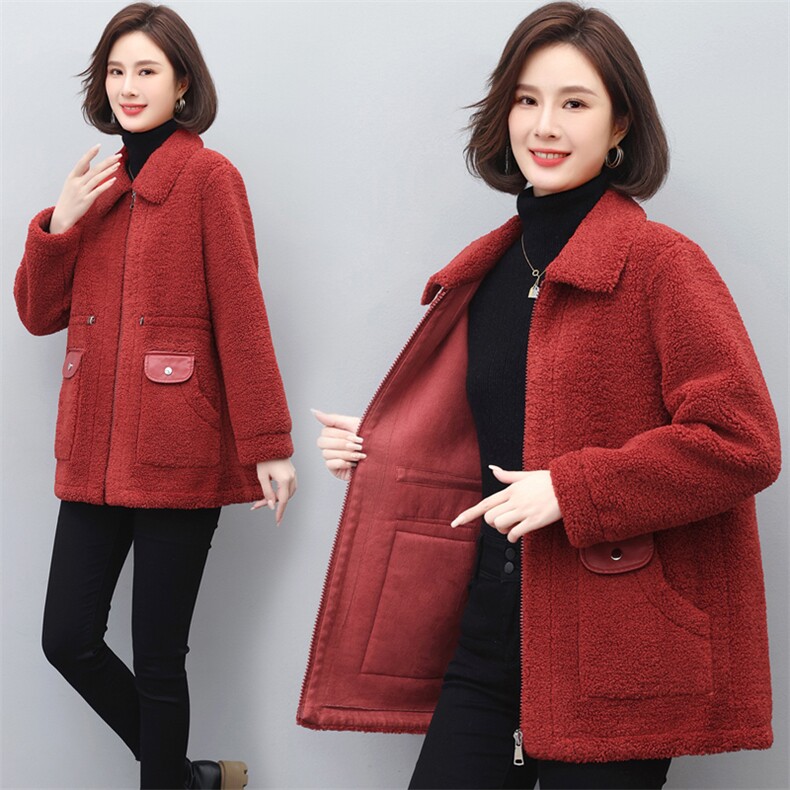 冬季新款皮毛一体中长款风衣女毛呢外套加厚中老年妈妈装宽松显瘦，女装派克服，璐依舞