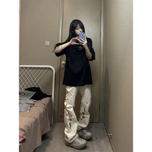 【有货】火焰蕾丝微喇白色牛仔裤男女款美式复古裤子B07WW-特P50图片